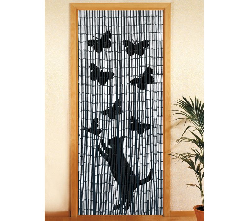 Rideau De Porte Chat Et Papillon - Bambou - 90 X 200 Cm - Gris