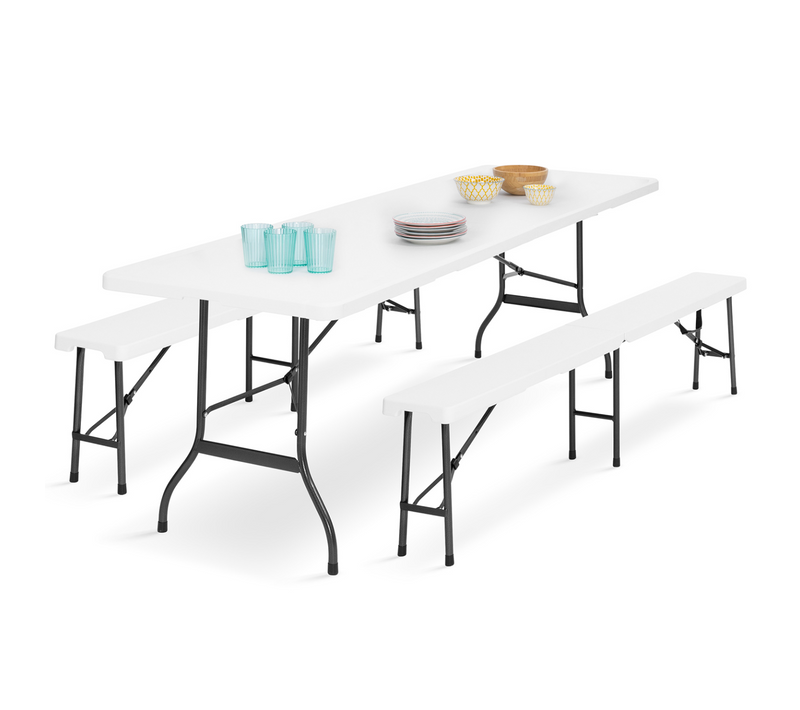 Table Pliante D'appoint Portable 180 Cm Et 2 Bancs Pliables Pour Camping Ou Réception