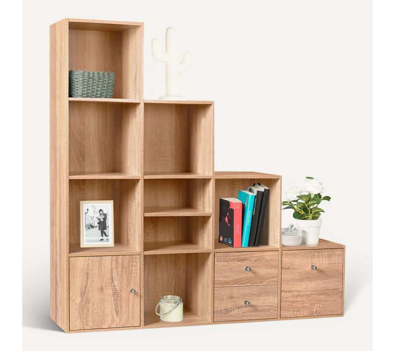Meuble De Rangement En Escalier Liam 4 Niveaux Bois Façon Hêtre Avec Porte Et Tiroirs