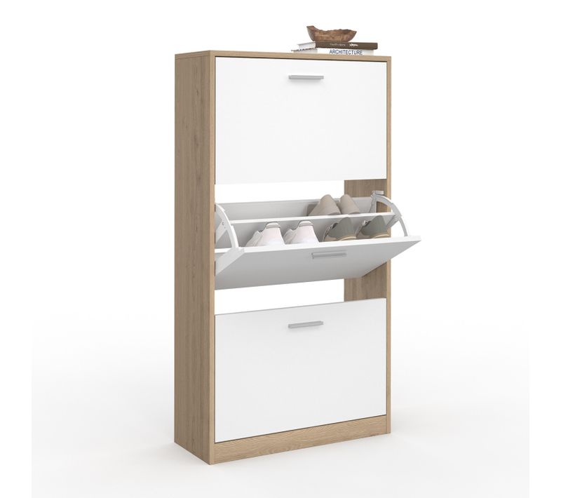 Meuble à Chaussures 18 Paires Klark Imitation Hêtre 3 Portes Blanches