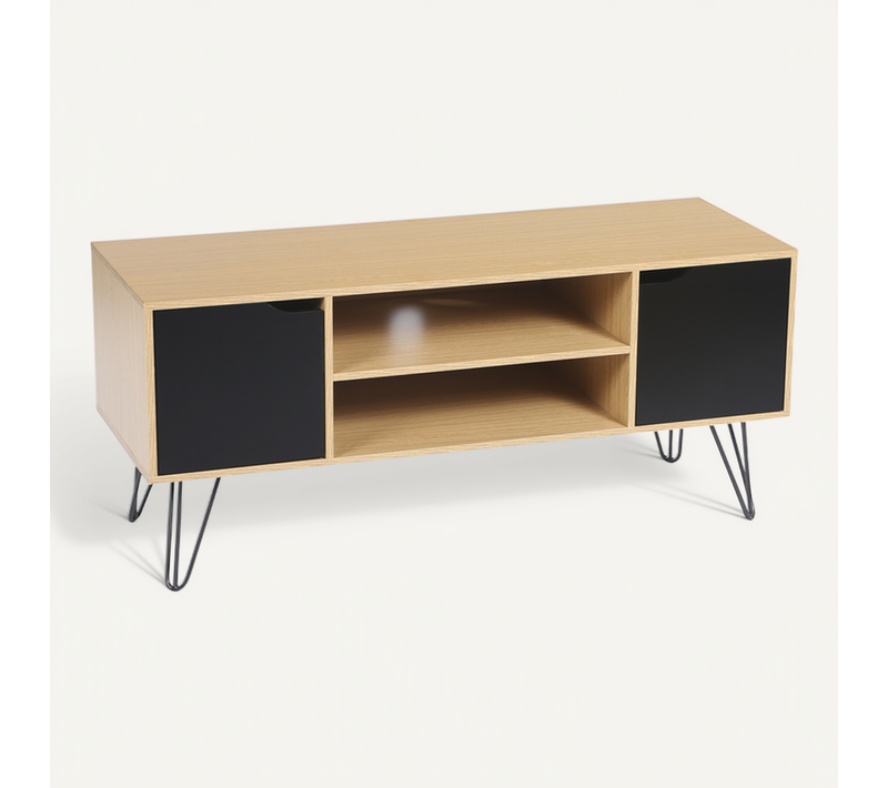 Meuble TV 113 Cm Vintage Noemi Pied épingle Bois Portes Noires