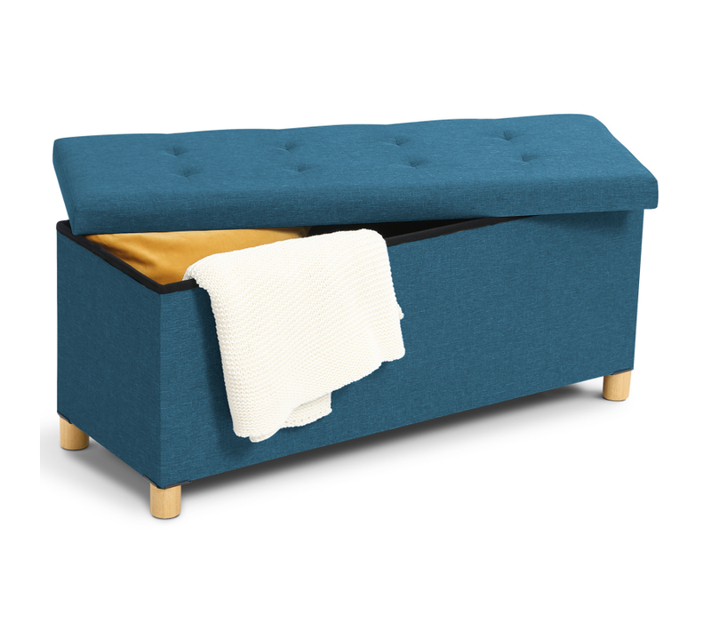 Banc Coffre Rangement Sur Pied 100 Cm Tissu Bleu Canard