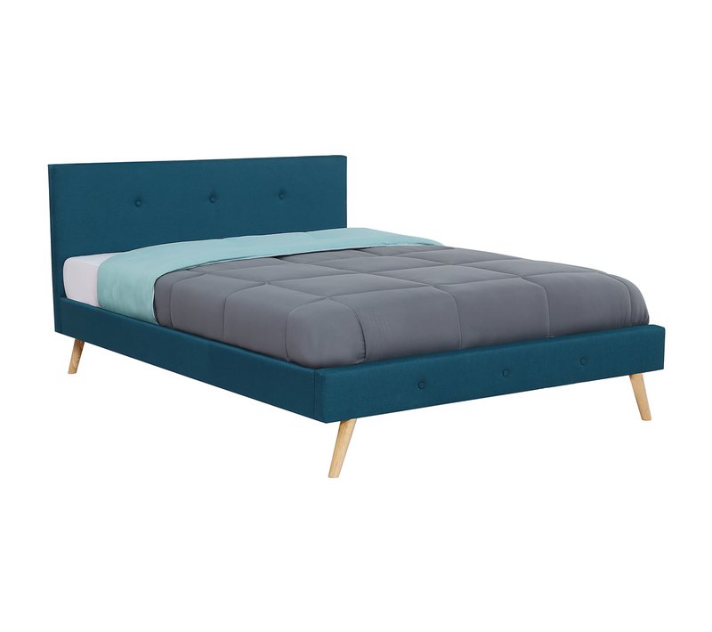 Lit Double Scandinave Oslo Avec Tête De Lit Et Sommier 140 X 190 Cm Tissu Bleu Canard