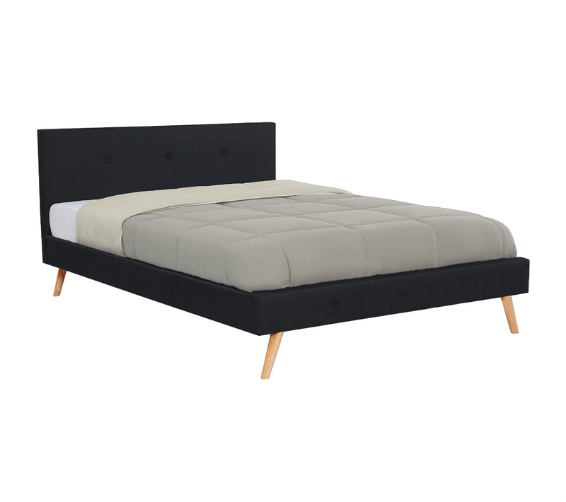 Lit Double Scandinave Oslo Avec Tête De Lit Et Sommier 140 X 190 Cm Tissu Noir
