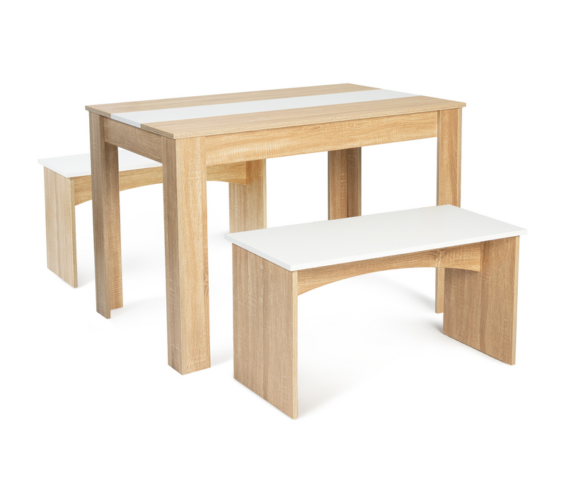 Ensemble Table à Manger Et 2 Bancs Rozy 4 Personnes Façon Hêtre Et Blanc 110 Cm
