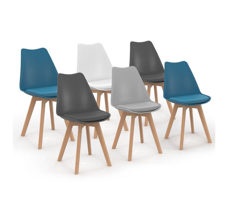 Lot De 6 Chaises Scandinaves Sara Mix Color Blanc, Gris Clair, Bleu Canard X2, Gris Foncé X2