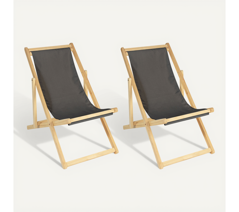 Lot De 2 Chaises Longues Pliantes Chilienne Bois Toile Gris Anthracite