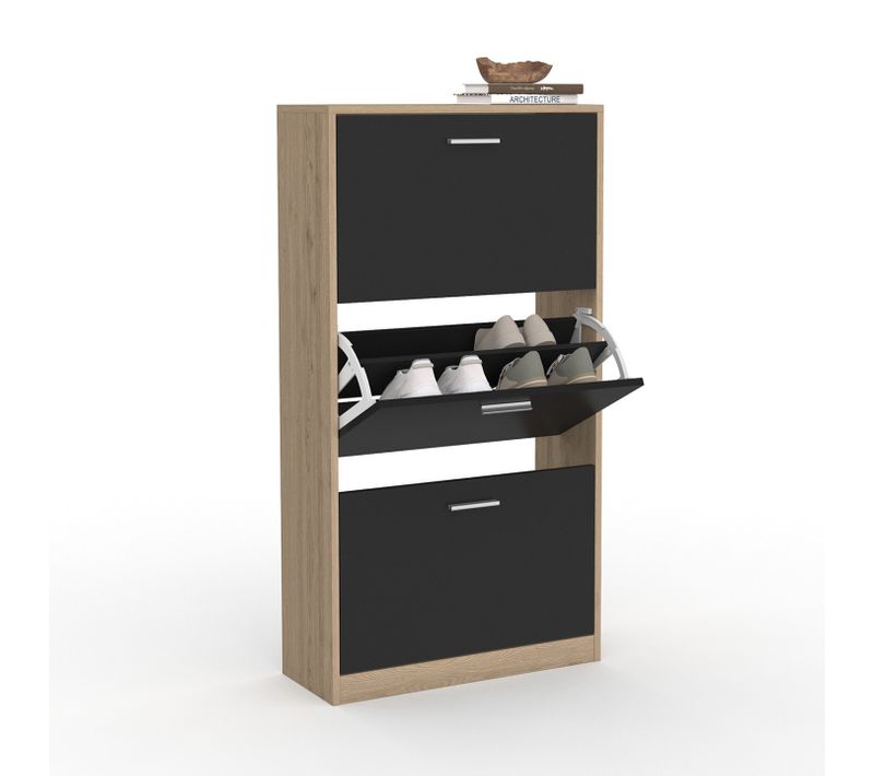 Meuble à Chaussures 18 Paires Klark Imitation Hêtre 3 Portes Noires