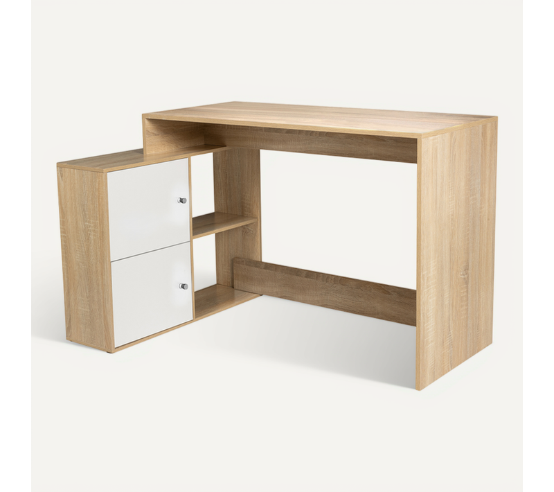 Bureau D'angle En Forme De L Bob Avec Portes Façon Hêtre Et Blanc