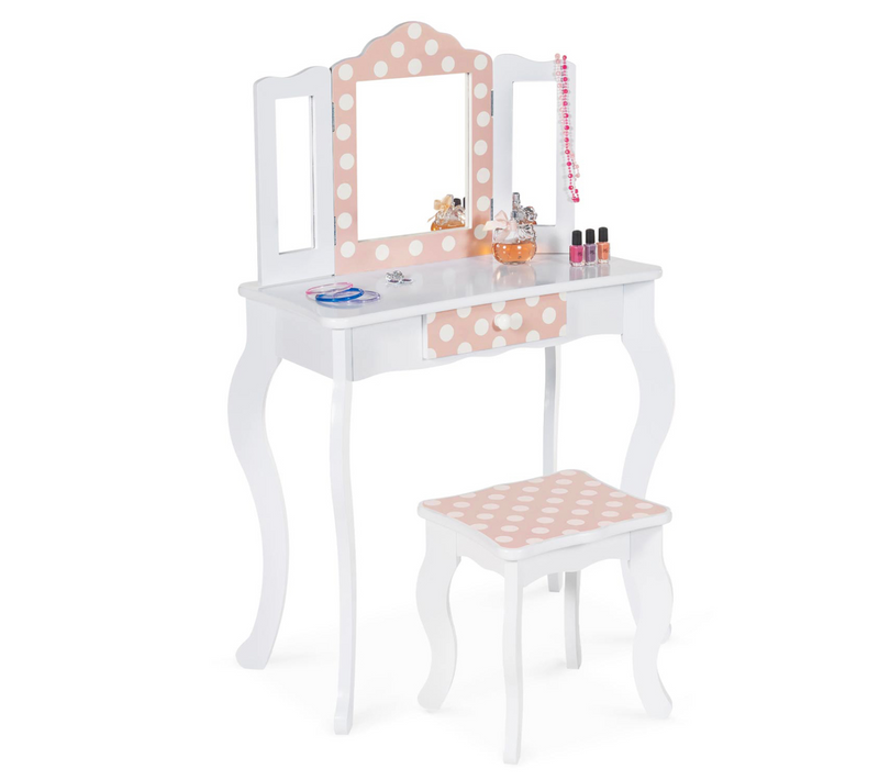 Coiffeuse Enfant Roza Blanche Et Rose Avec 3 Miroirs Et Tabouret