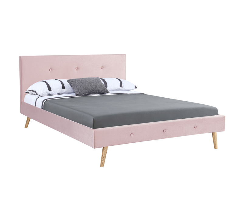 Lit Double Scandinave Oslo Avec Tête De Lit Et Sommier 140 X 190 Cm Tissu Rose Clair Effet Velours