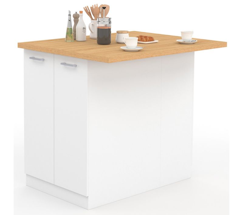 Ilot Central Ivo 100 Cm Blanc Avec Plan De Travail Façon Hêtre