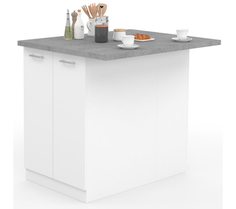 Ilot Central Ivo 120 Cm Blanc Avec Plan De Travail Effet Béton