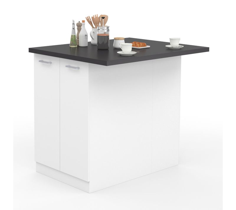 Ilot Central Ivo 100 Cm Blanc Avec Plan De Travail Gris Anthracite
