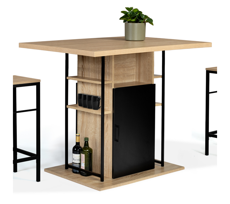 Ilot Central Ugo 110 Cm Bois Noir Et Imitation Hêtre Avec Rangements Design Industriel