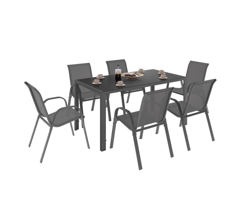 Salon De Jardin Madrid Table 150 Cm Et 6 Chaises Empilables Gris Anthracite