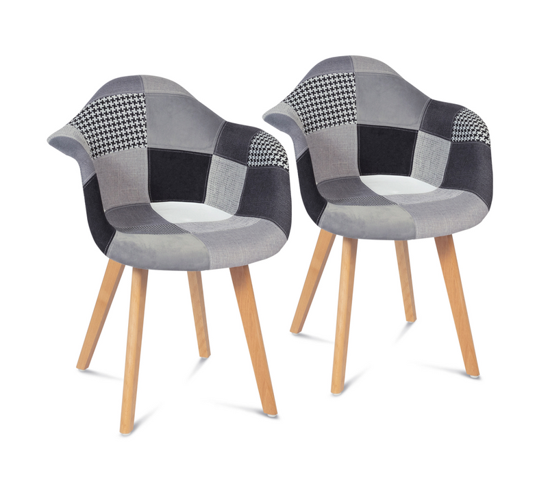 Lot De 2 Chaises De Salle à Manger Scandinaves, Fauteuils De Table Sara Motifs Patchworks Noirs, Gri