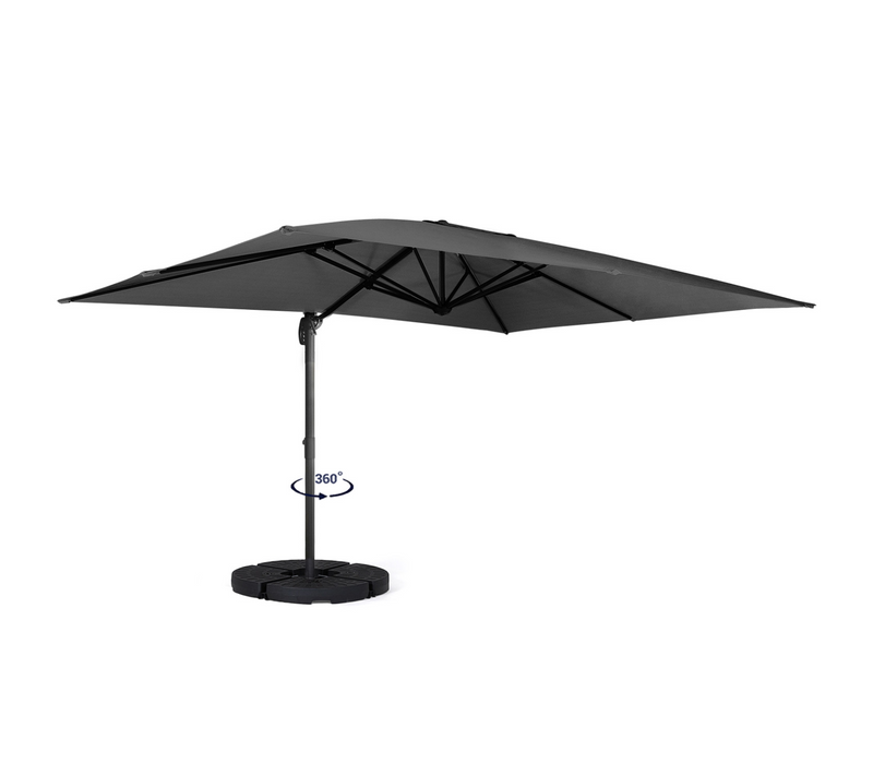 Parasol Déporté Inclinable Rotatif 360 Calvi Gris 3x4 M Avec 4 Dalles Et Housse