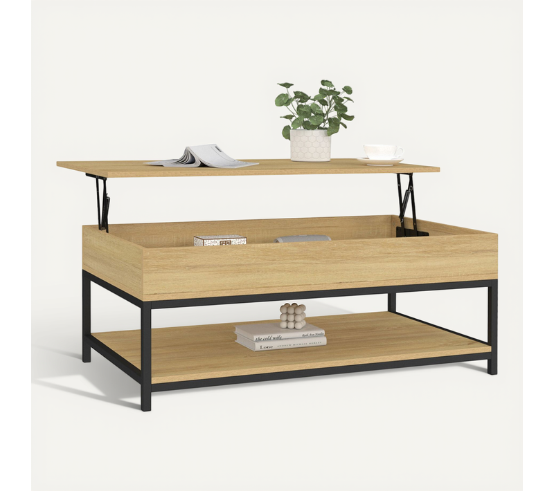 Table Basse Plateau Relevable Rectangulaire Detroit 100 Cm Et étagère Inférieure Design Industriel