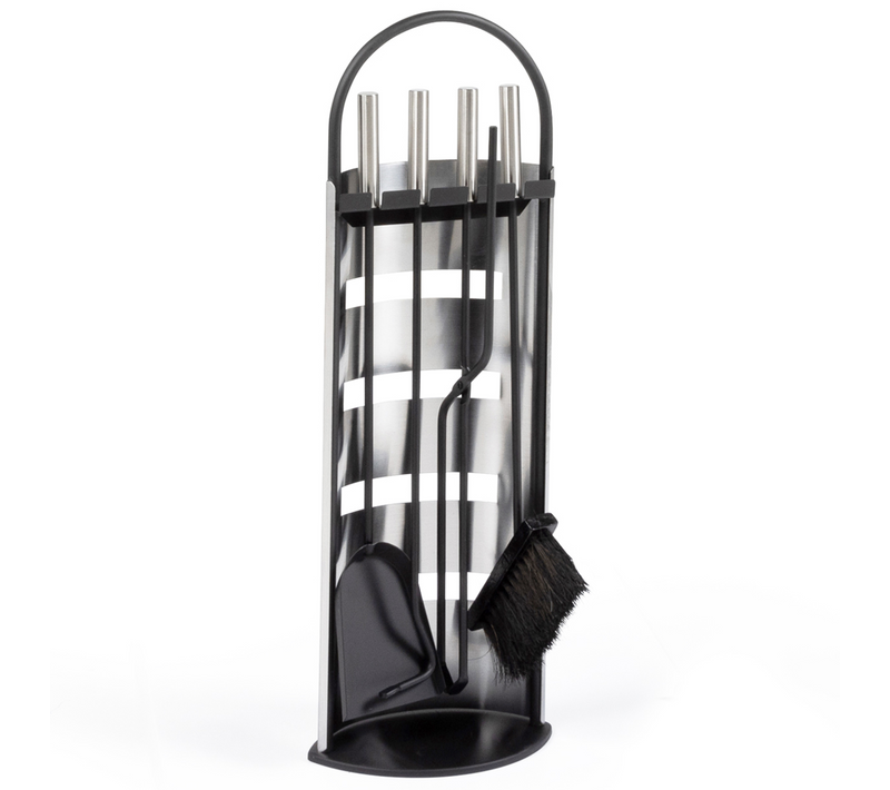 Ensemble Serviteur De Cheminée Noir Inox 5 éléments Pelle Balai Tisonnier Pince Avec Support