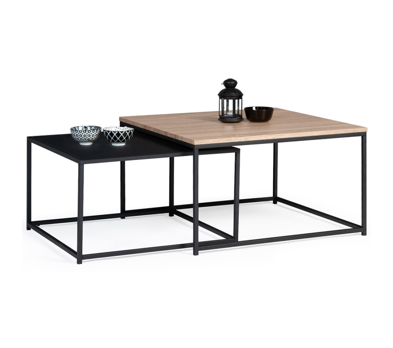 Lot De 2 Tables Basses Gigognes Boston 60/70 Métal Noir Et Bois Design Industriel