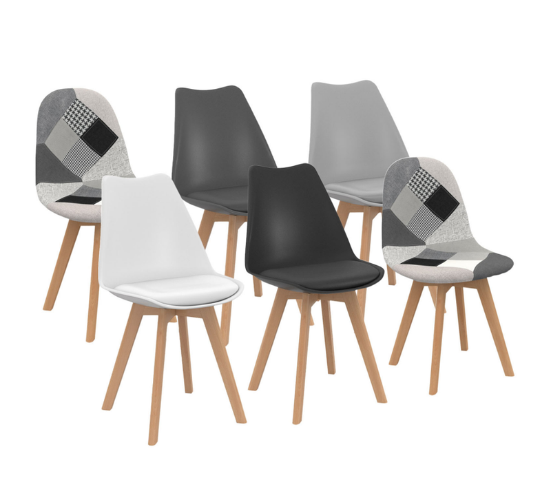 Lot De 6 Chaises Scandinaves Sara Gris Foncé, Gris Clair, Blanc, Noir Et Patchworks Noirs, Gris Et B