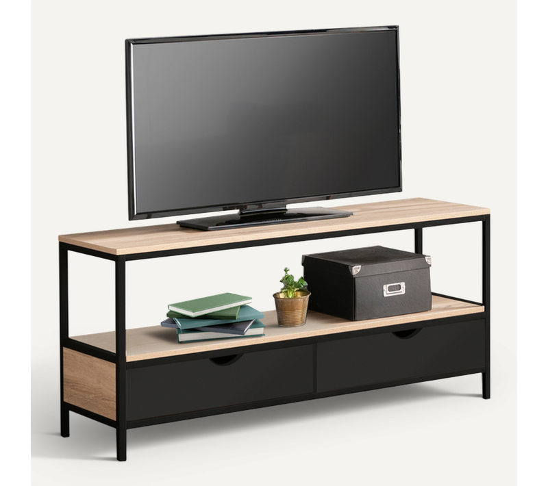 Meuble TV 113 Cm Boston 2 Tiroirs Noirs Design Industriel