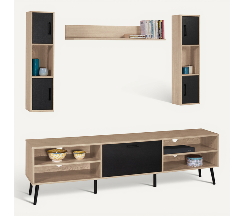 Ensemble Meuble TV 180 Cm Et étagères Houston Bois Et Noir