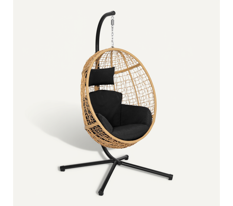 Fauteuil Oeuf Suspendu Ajouré Effet Rotin Avec Coussin Noir