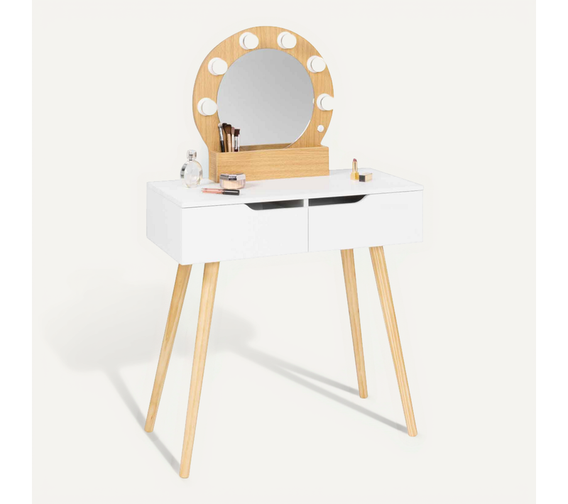 Coiffeuse Scandinave 2 Tiroirs Horia Bois Et Blanc Avec Miroir LED