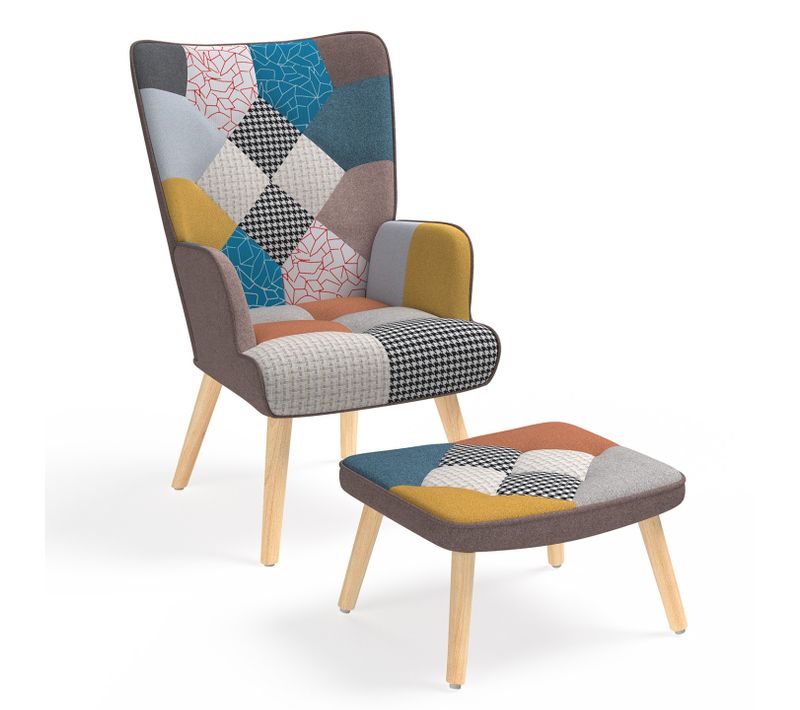Fauteuil Scandinave Ivar Avec Repose Pieds En Tissu Patchwork Multicouleurs