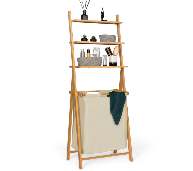 Panier à Linge 2 Bacs Bambou Lana Avec Étagères Tissu Écru