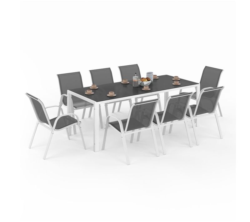 Salon De Jardin Madrid Table 190 Cm Et 8 Chaises Empilables Blanc Et Gris