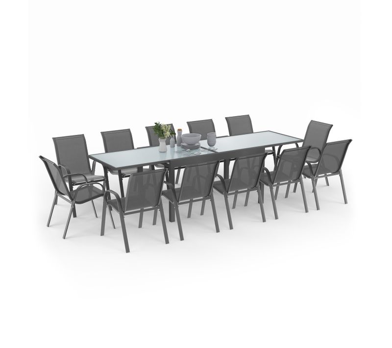 Salon De Jardin Madrid Table Extensible 135-270 Cm Et 12 Chaises Empilables Gris Anthracite