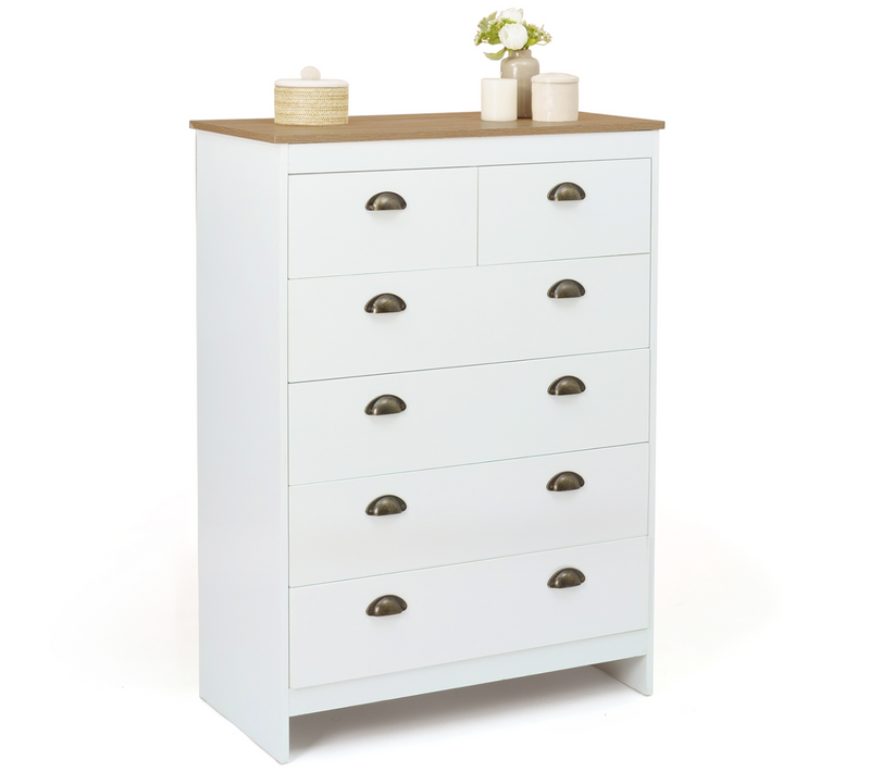 Commode 6 Tiroirs Isis 80 Cm Blanc Et Plateau Bois