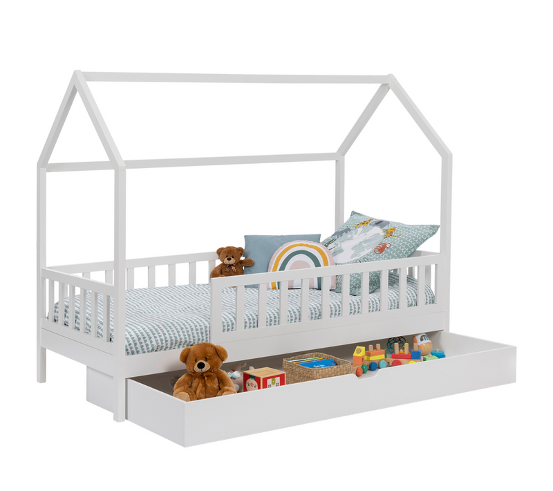 Lit Cabane Enfant 80 X 160 Cm Neree Blanc Avec 1 Tiroir Gigogne Et De Rangement