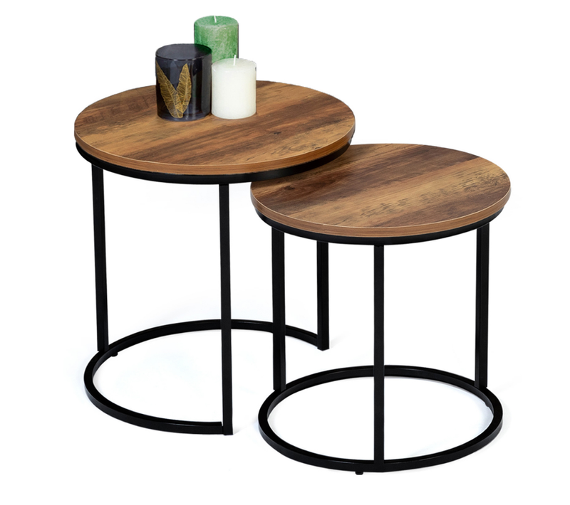 Lot De 2 Tables Basses Gigognes Hawkins Rondes 40/45 Bois Foncé Design Industriel