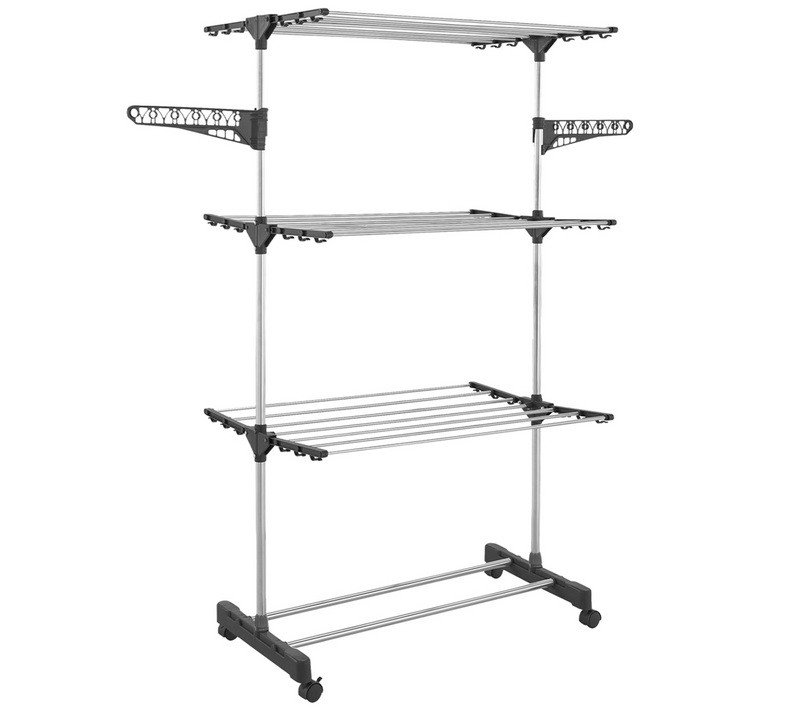 Séchoir à Linge Vertical Pliable 3 Niveaux Maxima Capacité 25m Avec Cintres Et Pinces Et Gris