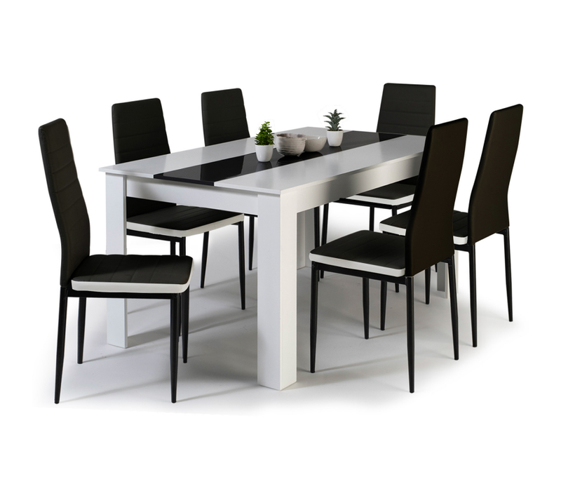 Ensemble Table à Manger Georgia 140 Cm Blanche Et Noire Et 6 Chaises Romane Noires Liseré Blanc