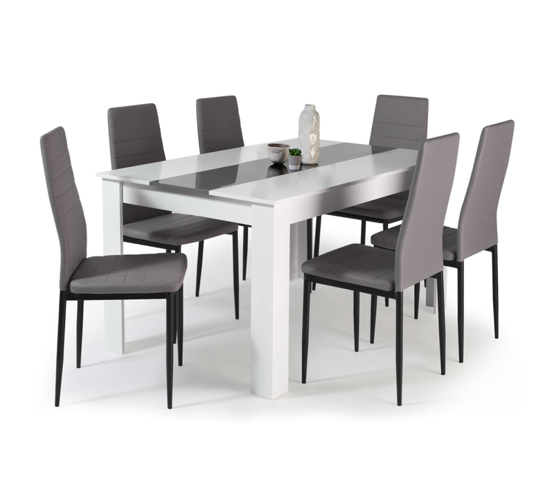 Ensemble Table à Manger Georgia 140 Cm Blanche Et Grise Et 6 Chaises Romane Grises