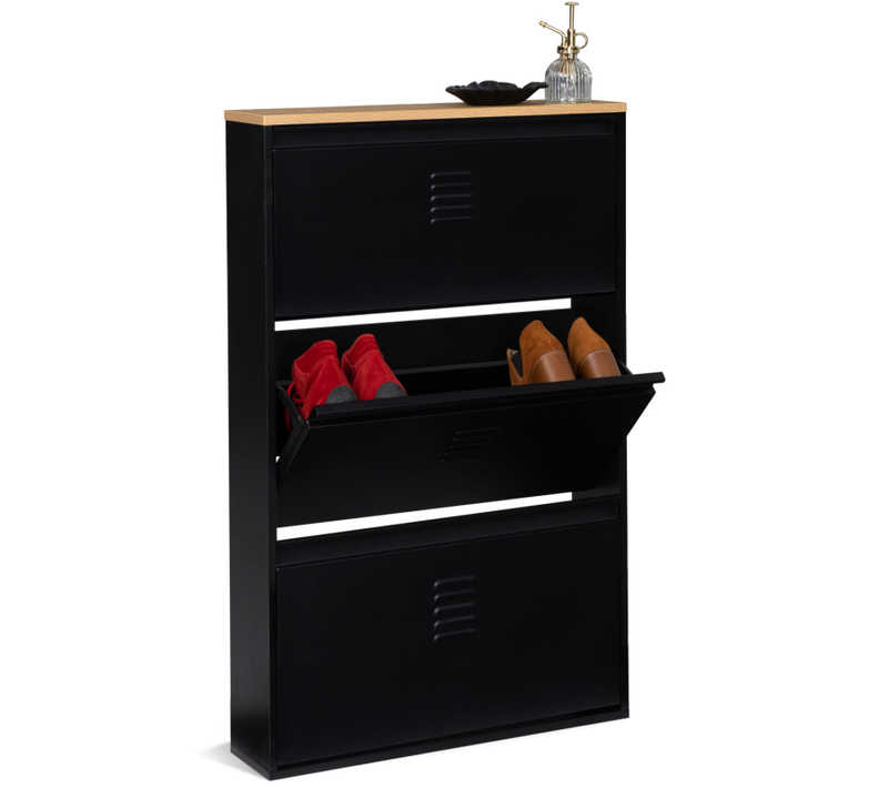 Meuble à Chaussures 9 Paires Ester 3 Portes Métal Noir Et Plateau Façon Hêtre Design Industriel