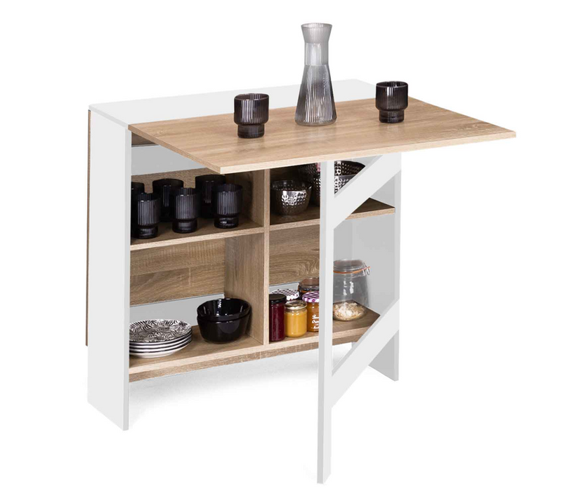 Table Console Pliable Edi 2-6 Personnes Avec Rangements Bois Blanc Plateau Façon Hêtre 150 X 80 Cm