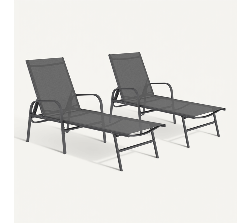 Lot De 2 Transats De Jardin Inclinables Fidji En Acier Gris Anthracite Et Toile Grise