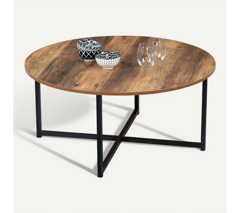 Table Basse Ronde Hawkins 80 Cm Bois Foncé Design Industriel