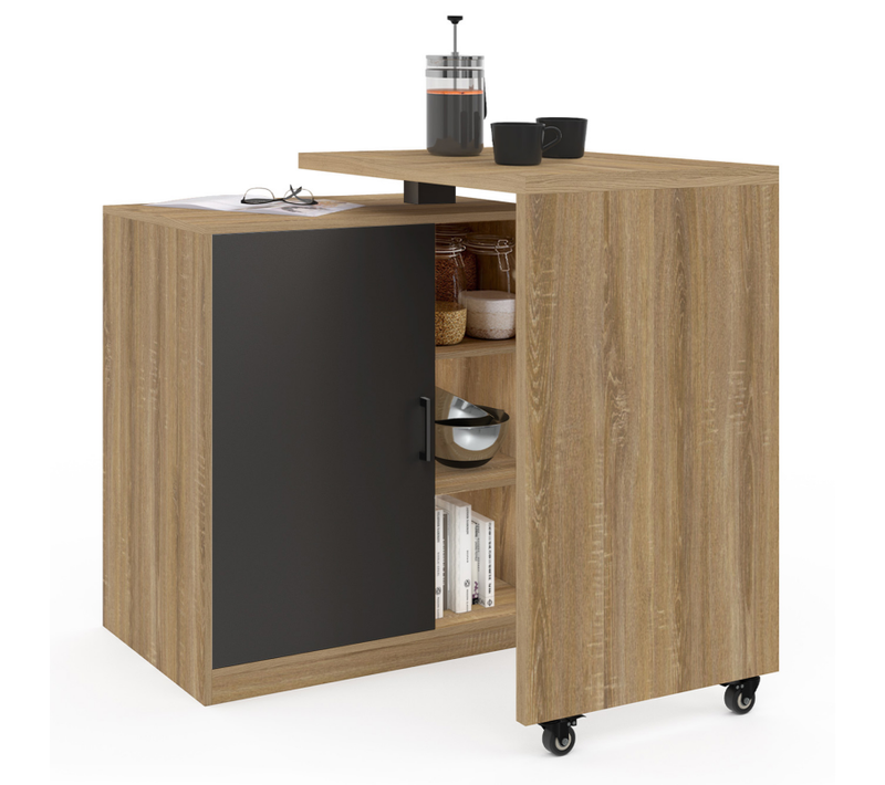 Ilot Rotatif Polo Meuble De Bar Pivotant 2 En 1 Imitation Hêtre Porte Noire