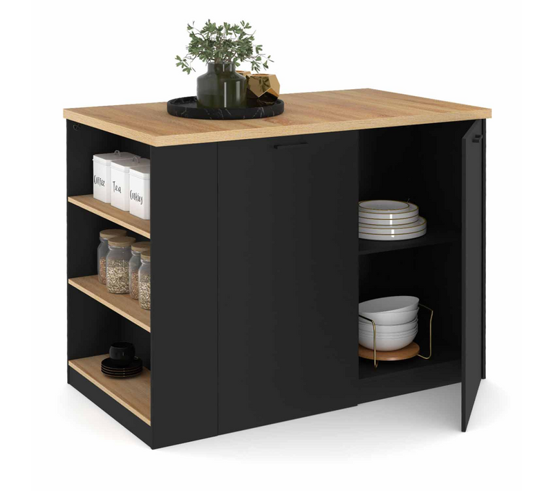 Ilot Central Tibo 120 Cm Bois Noir Avec Plan De Travail Façon Hêtre
