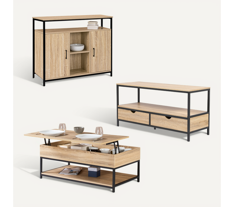 Ensemble Meubles De Salon Buffet, Table Basse Relevable Et Meuble TV Detroit Design Industriel