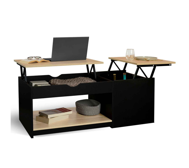 Table Basse 2 Plateaux Relevables Rectangulaire Elea Avec Coffre Bois Noir Et Façon Hêtre