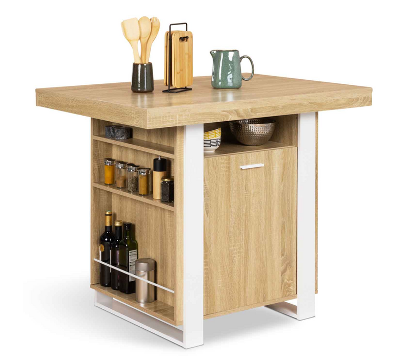 Ilot Central Phoenix 110 Cm Bois Et Blanc Avec Rangements