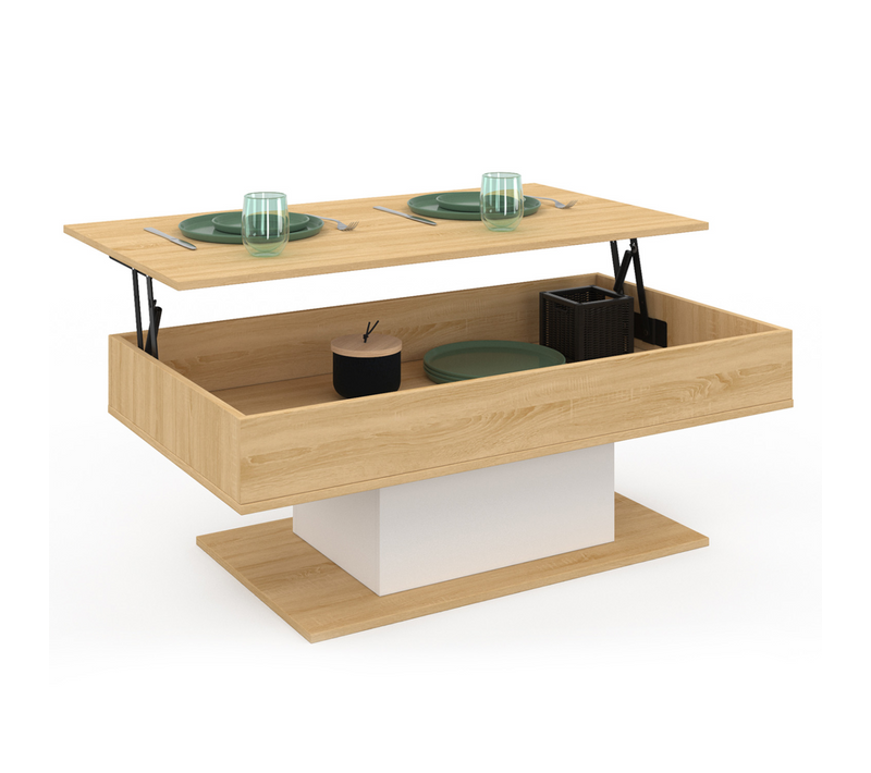 Table Basse Plateau Relevable Rectangulaire Eden Bois Et Blanc